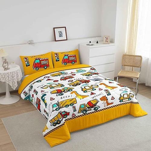 Ensemble De Couette De Construction Pour Enfants, Ensemble De Couette De Dinosaure De Dessin Anim¿¿ King Pour Gar?Ons, ¿¿Quipement Super Doux, Camions, Pelle