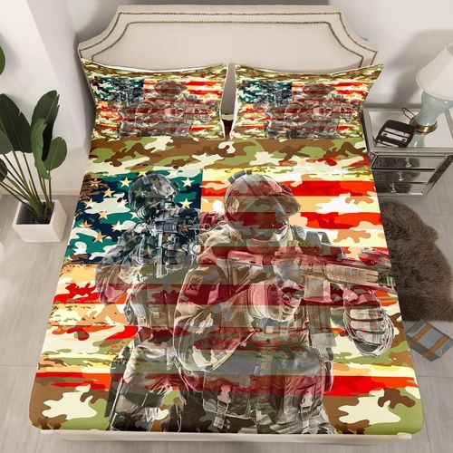 Parure De Lit Avec Drapeau Am¿¿Ricain, Ensemble De Camouflage Ajust¿¿ Pour Soldats Am¿¿Ricains, Pour Enfants, Filles, Enfants, Gar?Ons, Adolescents, Jeunes Hommes, Militaire