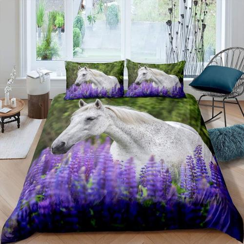 Parure De Lit Cheval Pour Filles Et Gar?Ons, Housse De Couette D¿¿Corative ¿¿ Th¿¿Me De Ferme, Motif Floral Violet, Housse De Couette W