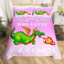 Housse De Couette Dragon Dessin Anim¿¿, Ensemble De Literie Dragon Mignon, Juste Une Fille Qui Aime Dragon, Housse De Couette Pour Gar?Ons Et Filles, Enfants, Feu