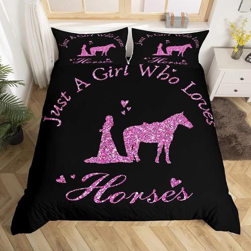 Parure De Lit Cheval ¿¿ Paillettes, Ensemble De Literie Pour Filles Et Gar?Ons, Housse De Couette ¿¿ Paillettes Roses, Juste Une Fille Qui Aime Le Cheval, Mignonne