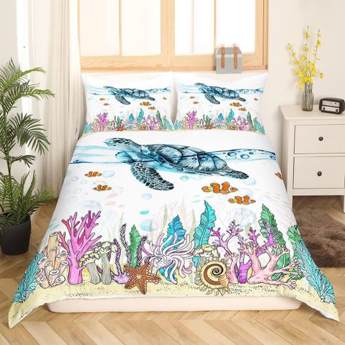 Ensemble De Literie Avec Housse De Couette, Tortue D'oc¿¿An, Reptile, Tortue, Pour Enfants, Gar?Ons Et Filles, Housse De Couette En Corail Color¿¿, Ensemble D'animation Sou