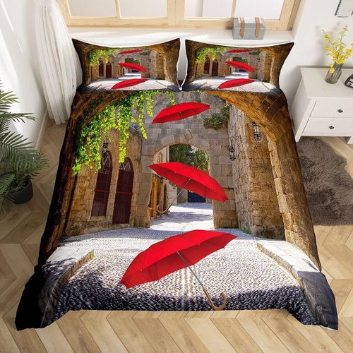 Parure De Lit Parapluie Rouge Pour Enfants, Filles Et Gar?Ons, Housse De Couette, Paysage Urbain Moderne, D¿¿Coration, Sc¿¿Ne Europ¿¿Enne Historique