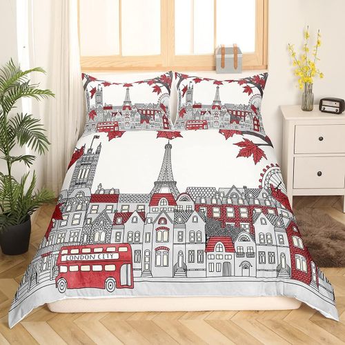 Housse De Couette R¿¿Tro Britannique Big Ben, Parure De Lit Pour Gar?Ons Et Filles, Pour Enfants, Chic, Rouge Marple, C¿¿L¿¿Bre Paysage Urbain De Londres