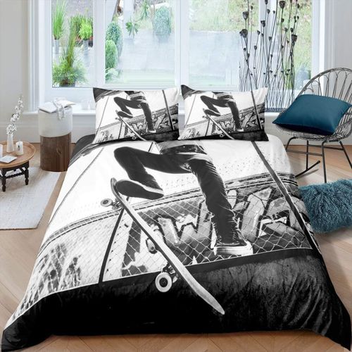 Parure De Lit Skateboard Pour Garcons Et Adolescents, Chambre D'enfants, Theme Sports Extremes, Housse De Couette Hippie, Noir Et Blanc, Gris Pri