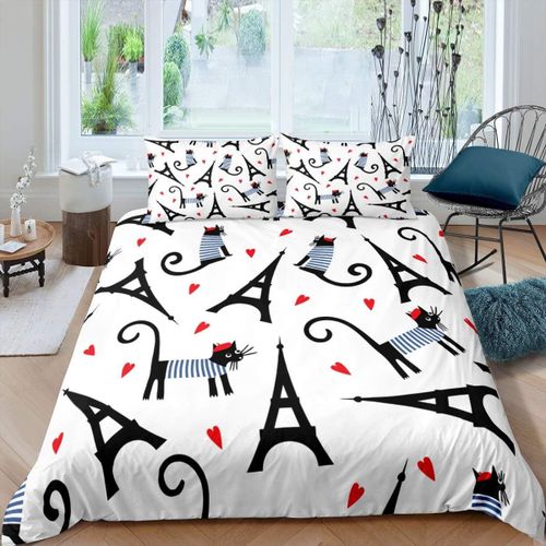 Housse De Couette Tour Eiffel, Ensemble De Literie Chic Paris, Motif Chats, Housse De Couette Pour Enfants Garcons Filles, Chaton De Dessin Anime Mignon