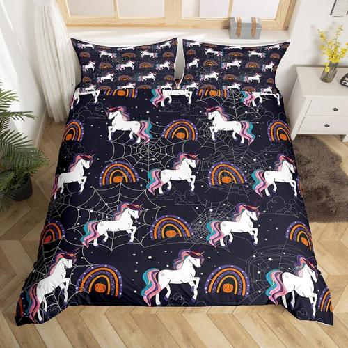 Parure De Lit Theme Halloween, Housse De Couette, Licorne, Ensemble De Literie Pour Garcons Et Filles, Decor Cheval De Reve, Lanterne Citrouille En Microfibre, Chambre A Coucher