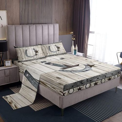 Ensemble De Draps Texas Star Pour Filles Et Garcons, Draps En Fer A Cheval De Cowboy Avec Drap-Housse A Poche Profonde, Decoratif En Grain De Bois Rustique