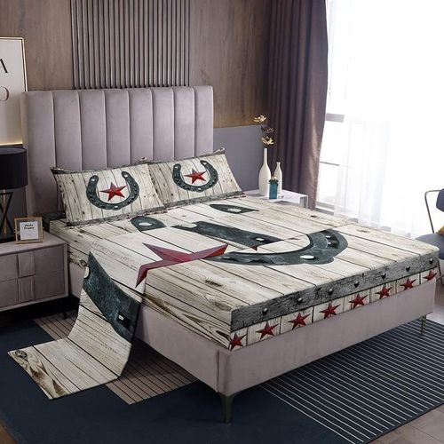 Ensemble De Draps Rouge Texas Star Pour Filles Et Garcons, Draps En Fer A Cheval Avec Drap-Housse A Poche Profonde, Drap De Lit Decoratif En Grain De Bois Rustique