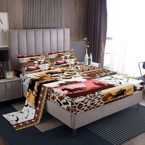 Ensemble De Draps Boho Western Cowboy, En Peau De Vache, Pour Enfants Et Adolescents, Draps De Cowboy Du Far West Avec Drap-Housse A Poche Profonde, Au Galop Hor