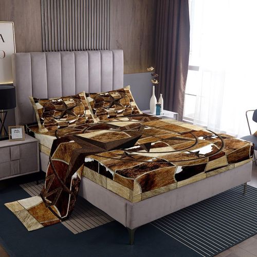 Ensemble De Draps De Lit Western Texas Star, En Peau De Vache, Draps De Ferme Rustiques Avec Drap-Housse A Poche Profonde, Style Vintage Bedro