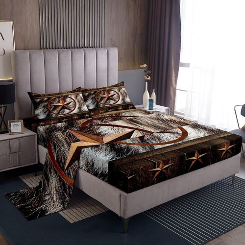 Draps Cowboy Western Texas Star Avec Drap-Housse A Poche Profonde, Pour Garcons Et Filles, Ensemble De Draps De Lit Imprimes En Peau De Vache, Style Rustique Weste