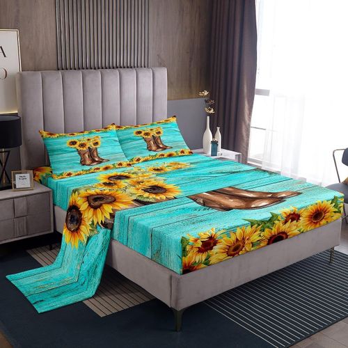 Ensemble De Draps De Lit Occidentaux, Ensemble De Draps Pour Bottes De Cowboy Tournesol, Draps De Cowboy Vintage Pour Enfants En Bas Age Avec Drap-Housse A Poche Profonde Ru
