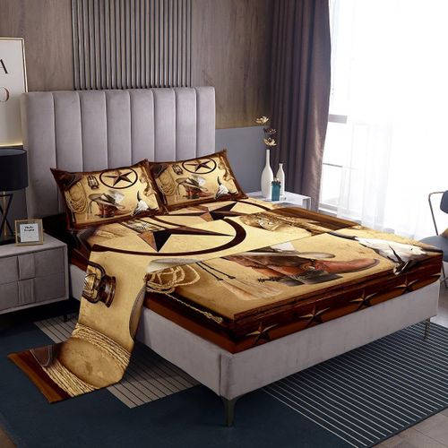 Ensemble De Draps De Cowboy Occidental King, Ensemble De Draps Rustiques Texas Star, Draps Pour Bottes De Cowboy Avec Drap-Housse A Poche Profonde Pour Enfants