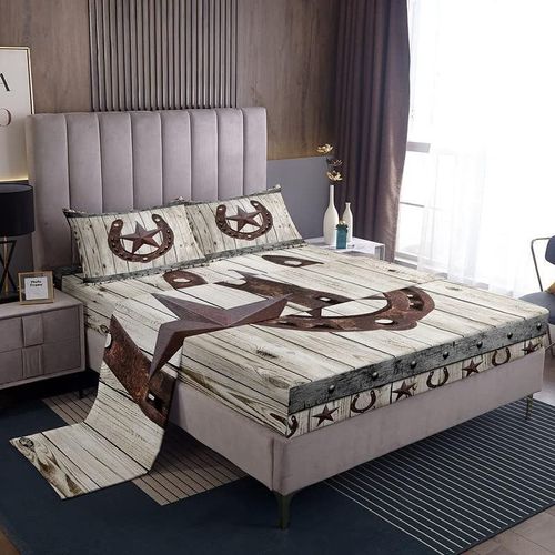 Ensemble De Draps Western Texas Star Pour Filles Et Garcons, Draps En Fer A Cheval Avec Drap-Housse A Poche Profonde, Lit Decoratif En Grain De Bois Rustique S
