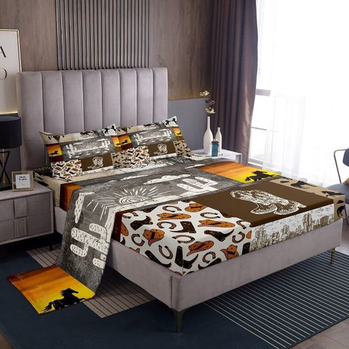 Ensemble De Draps De Cowboy Du Far West, Style Boho Occidental, Avec Drap-Housse A Poche Profonde, Tribu Ethnique, Fleche, Ensemble De Draps Azteques F