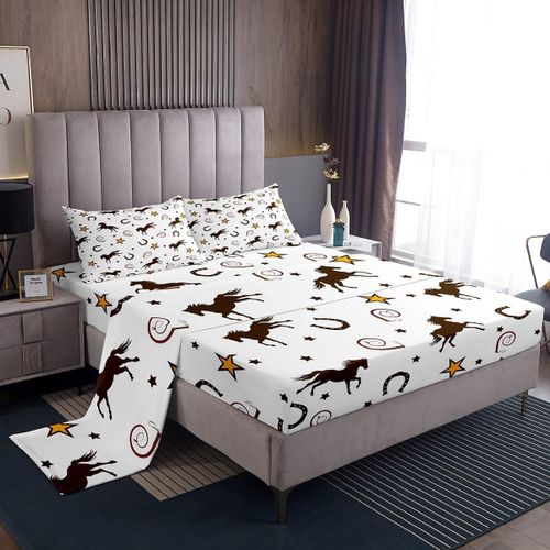 Ensemble De Draps Cheval Au Galop, Mignon, Pour Enfants Et Adolescents, Draps Occidentaux Boho Avec Drap-Housse A Poche Profonde, Lit De Cowboy Du Far West