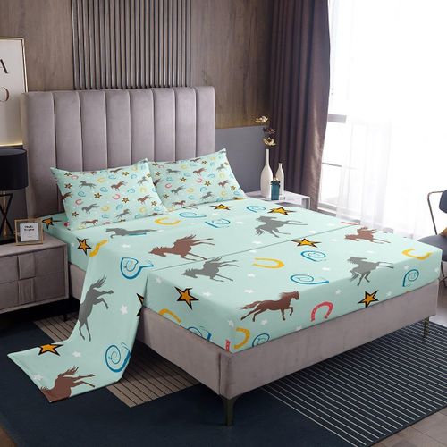 Ensemble De Draps En Fer A Cheval Cowboy Sauvage Du Ouest Pour Enfants Adolescents Draps En Fer A Cheval Avec Drap-Housse A Poche Profonde Ensemble De Literie De Ferme Cowb
