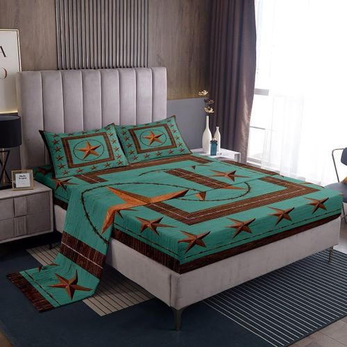 Ensemble De Draps Western Texas Star, Ensemble De Draps Rustiques En Planches De Bois, Draps De Ferme De Campagne Avec Drap-Housse A Poche Profonde, Vintag