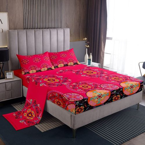 Draps De Lit Mandala Rouge Bohemia, Pour Garcons Et Filles, Drap-Housse A Fleurs Exotiques, Ensemble De Draps Imprimes Paisley Boho