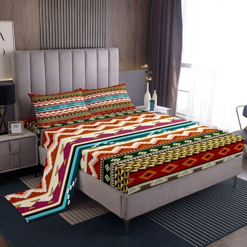 Ensemble De Draps De Lit Bohemia Rouge Retro, Draps A Rayures Avec Poche Profonde, Drap-Housse Ethnique Bohemia Pour Enfants Et Adultes