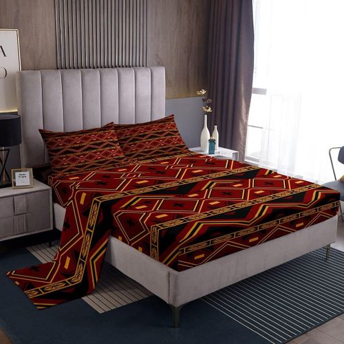 Ensemble De Draps De Lit Bohemia Rouge Noir, Draps A Rayures Boho Avec Drap-Housse A Poche Profonde, Ensemble De Draps Ethnique Bohemia Pour Enfants Et Adultes