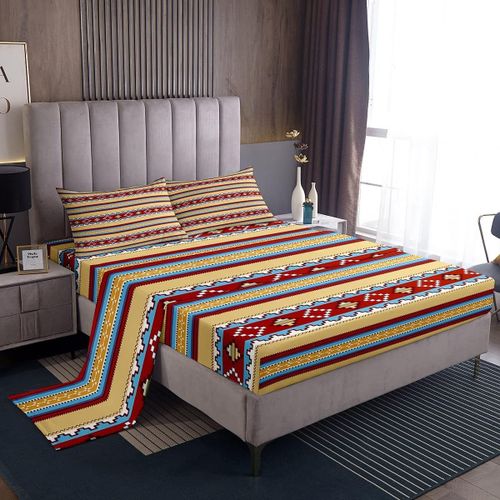 Ensemble De Draps Bohemia A Rayures Avec Drap-Housse A Poche Profonde, Ensemble De Draps Ethniques Bohemia Pour Enfants Et Adultes Colores B