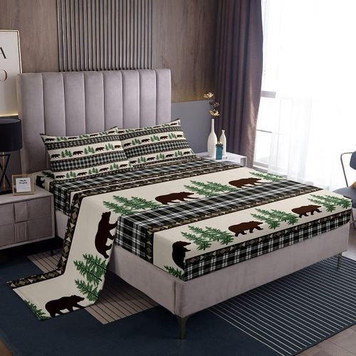 Ensemble De Draps De Lit Boho Noir Retro, Ensemble De Draps Bohemia Avec Drap-Housse A Poche Profonde Pour Enfants, Cabane Rustique Lodge Ours