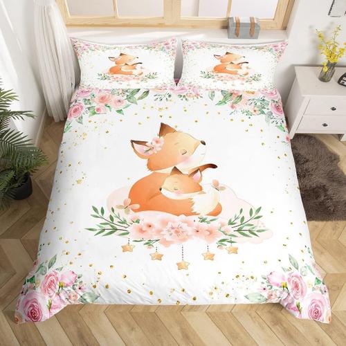 Parure De Lit Girly En Forme De Renard, Ensemble De Literie, Housse De Couette En Forme De Renard, Pour Garcons Et Filles, Rose, Motif Floral, Motif Animal Kawaii, Planche En Bois