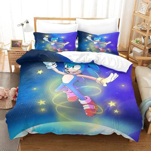 Sonic The Hedgehog Housse De Couette, Personnage De Dessin Anime, Parure De Lit 3 Pieces Avec Fermeture Eclair, Avec Taie D'oreiller