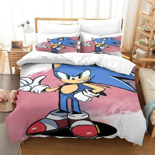 Sonic The Hedgehog Housse De Couette, Personnage De Dessin Anime, Parure De Lit 3 Pieces Avec Fermeture Eclair, Avec Taie D'oreiller