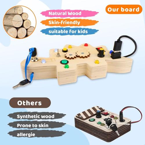 Busy Board,Jouet ducatif avec Boutons LED Lumineux,Jouet en Bois