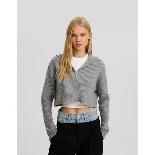  Gilet Manches Longues Capuche Fermeture Éclair Bord-Côte Femme Xs-S Gris