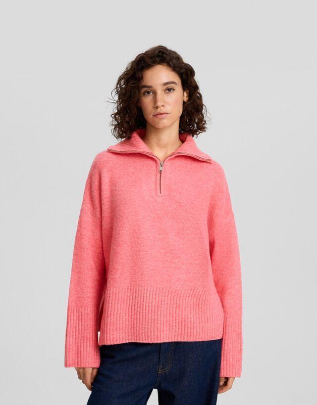 Pull Col Roule Fermeture Eclair Femme S Rose Rakuten