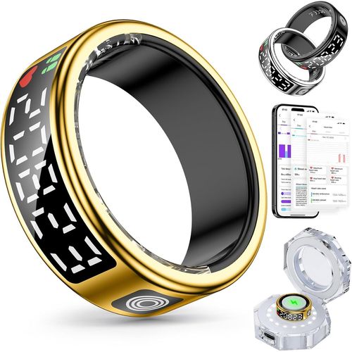 Bague Connectée Homme Femme, Smart Ring Health Fitness Avec Écran Led, Anneau Intelligent Ip68 Compatible Avec Ios/Android,Tracker D'activité/Fréquence Cardiaque/Spo2/Sommeil (Or, [Con671491]