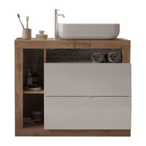Ensemble Meuble Salle De Bain Hambourg L110 - Vasque + 2 Tiroirs + 3 Niches - Coloris Chene Clair Et Laqué Blanc