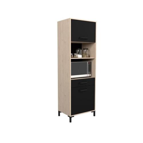 Factory Buffet De Cuisine 60 Cm - 2 Portes - L 60 X P 43 X H 185 Cm - Chene Et Noir - Ekipa