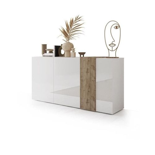 Buffet 3 Portes Venezia - Blanc Laqué Brillant Et Chene Cadiz - L 181 X P 44 X H 84 Cm