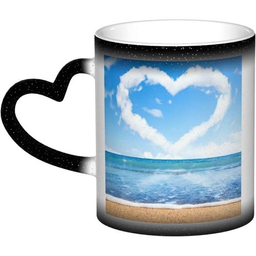 Tasse A Couleur Changeante En Forme De C?Ur, Tasse A Cafe En Ceramique De Plage Romantique, Tasse De Personnalite Pour Femmes Et Hommes, Cadeau 11 Oz