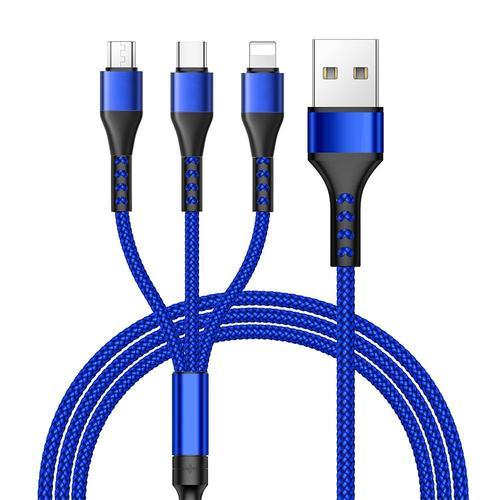 Câble De Charge 3 En 1 Nylon Tressé, Usb-C Micro-Usb Pour Iphone, Samsung, Xiaomi Redmi - Bleu 1,2 Mètre - E.F.Connection