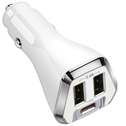 Chargeur De Voiture 3-Port Usb 2,4a Et Usb-C Pd, Allume-Cigare Universel - Blanc - E.F.Connection