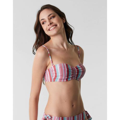 Maillot De Bain Soutien Gorge Bandeau En Microfibre Lurex, Rayures Multicolores