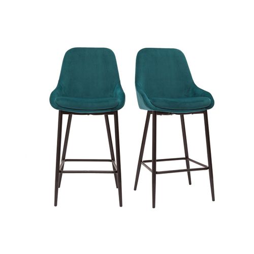 Tabourets De Bar En Tissu Velours Bleu Pétrole Et Métal Noir H65 Cm (Lot De 2) Holo