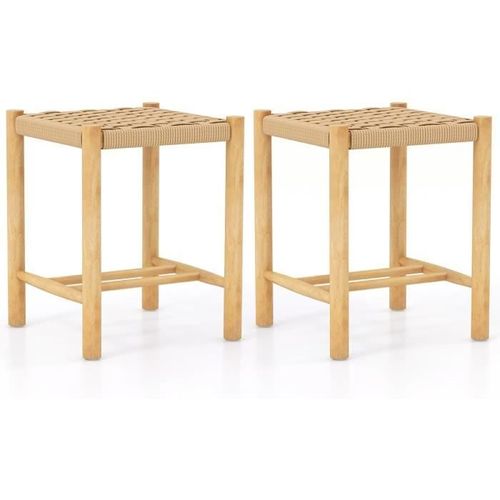 Tabourets En Bois Massif - Costway - Lot De 2 - Naturel - Tissage De Cordes En Papier