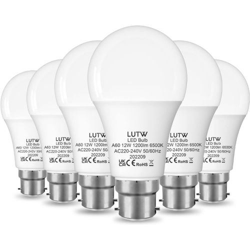 Anwxai-Ampoule Led A60 12w Équivalent Ampoule Incandescente De 100w,Ampoule B22 Led Blanc Froid 6500k,Ampoule A Baïonnette 1200lm Non-Dimmable Pour L¿Éclairage Domestique,6 Pièces