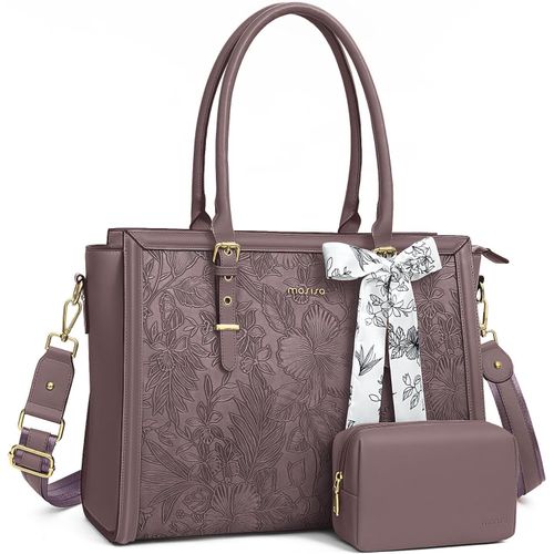 anwxai-Sac Ordinateur Femme 17-17,3 Pouces,Sac Fourre-Tout En Cuir Pu Compatible Avec Macbook,Hp,Dell,Asus,Sac Pc Portable Rétro HibiscusGaufré Avec Écharpe Soie&Pochette,Violet Ardoise