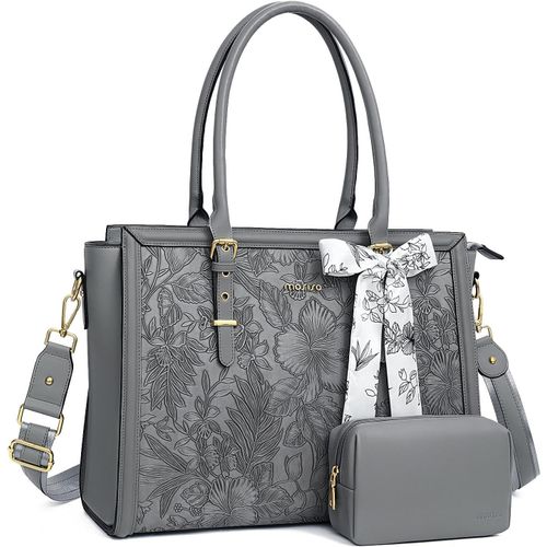 anwxai-Sac Ordinateur Femme 17-17,3 Pouces,Sac Fourre-Tout En Cuir Pu Compatible Avec Macbook,Hp,Dell,Asus,Sac Pc Portable Rétro HibiscusGaufré Avec Écharpe Soie&Pochette,Gris