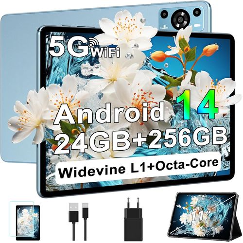 anwxai-Tablette 11 Pouces Tablette Android 14,24Go Ram+256Go Rom/Tf 1To,Octa-Core 2.0Ghz,5G Wifi/8000Mah/13+5Mp/Gms Certified/Couvercle Métallique/Widevine L1¿Tablette Tactile -Bleu