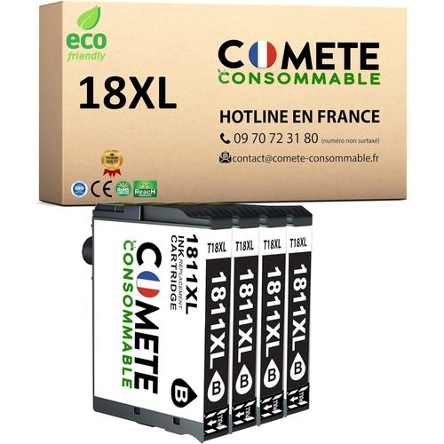 Comete, Marque Française - 18Xl - 4 Cartouches D'Encre Compatibles Avec Epson 18 Xl Pâquerette - Pour Epson Xp-102 Xp-202 Xp-205 Xp-212 Xp-215 Xp-225 Xp-30 (4 Noir)[Marque976]