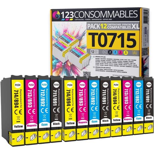 T0715 - Pack Pour Epson T0715 T0711 T0712 T713 T0714 - Cartouches Compatible Avec Epson Stylus Sx218 Sx400 Sx510W Sx515W Dx7450 Dx8450 (3 Noir / 3 Cyan / 3 Magenta / 3 Jaune)[Marque1633]